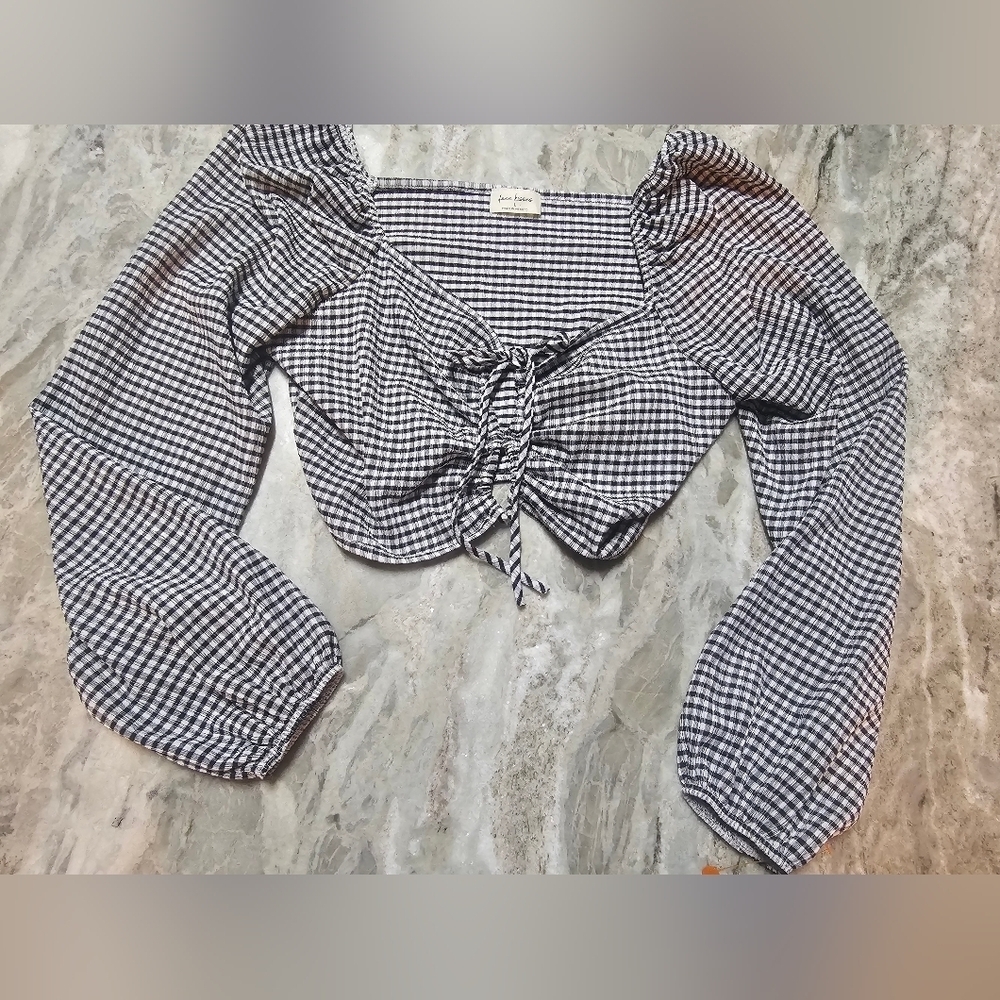 Free Kisses Gingham Puff Sleeve Drawstring Crop Top Size Large
